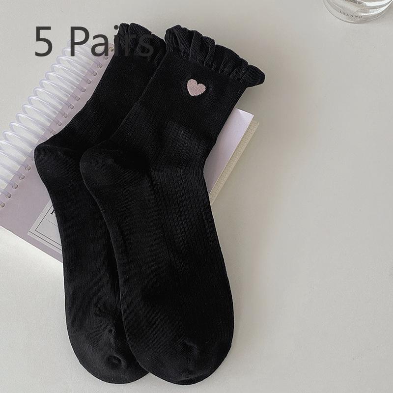5 Pairs of Female Spring and Summer Breathable Lovely Embroidered Love Lace Bubble Mouth Tube Socks