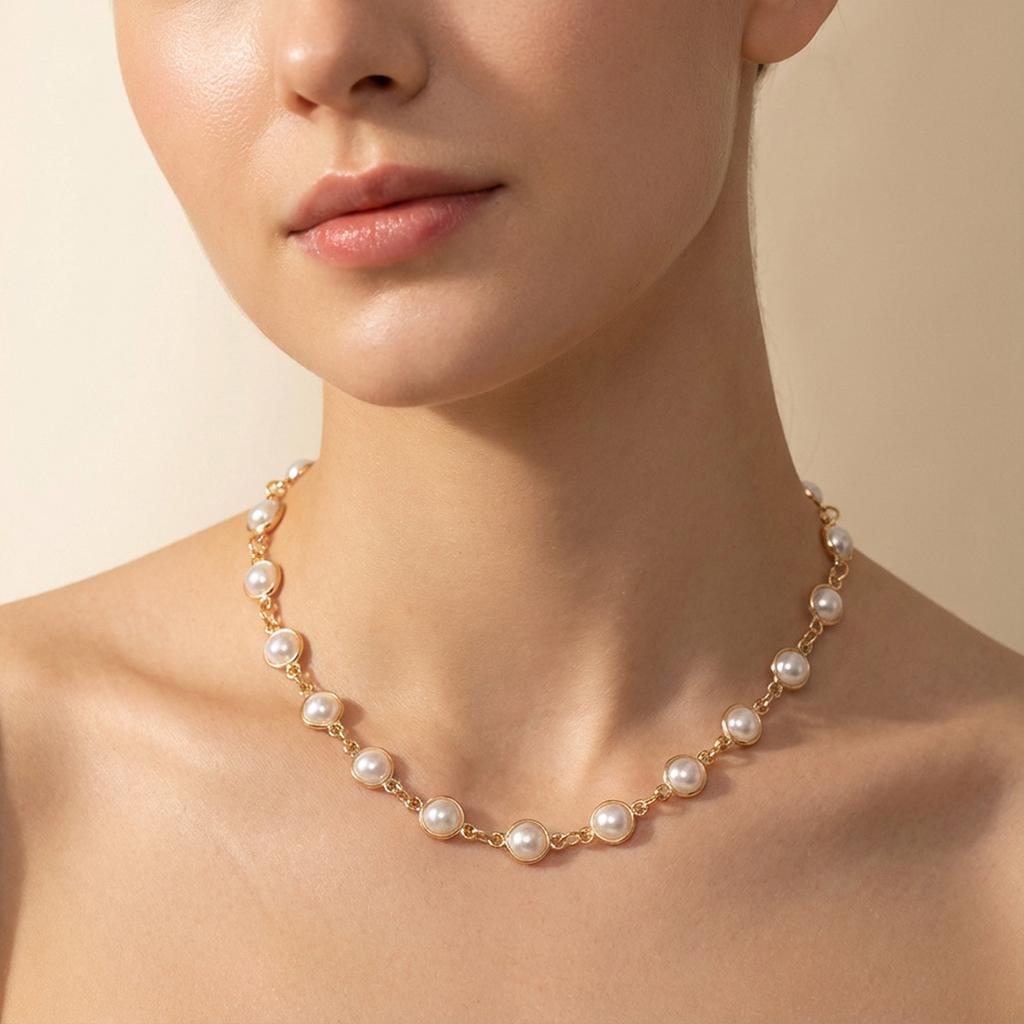 Creative Pearl Metal Choker Necklace for Women, Elegant Short Metal Chain Clavicle Chain