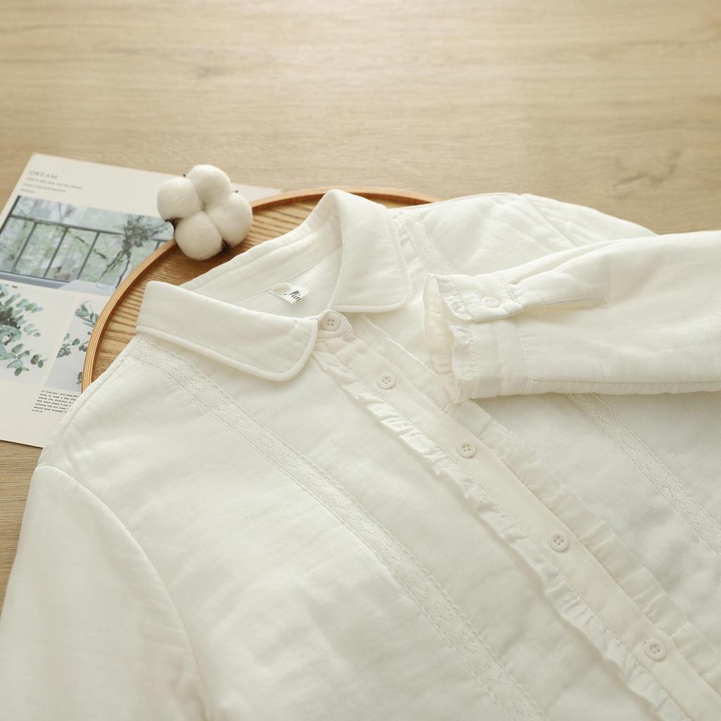 Women's Cotton Coat - Warm Padded Ear-Shaped Lace Placket, Double-Layer Gauze, Round Neck, Casual Versatile Jacket