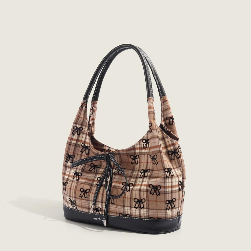 Korean Ins Plaid Bow Canvas Bag for Women Fashion and Fashionable Versatile One-shoulder Underarm Bag