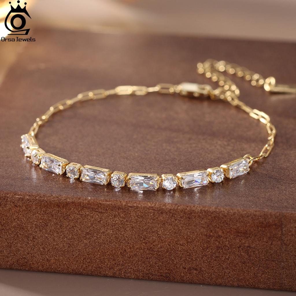 ORSA JEWELS 925 Sterling Silver 14K Gold Tennis Chain Bracelet With Emerald Cut Cubic Zirconia & Paperclip Chain Jewelry SB214