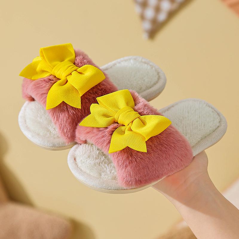 Girls' Winter Warm Plush Swallowtail Bow Cotton Slippers - Soft Sole, Non-slip, Plus Velvet, 2025 Edition