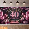2D 40th Birthday Photography Backdrop Pink Black Background with Crown, Balloons and Cake