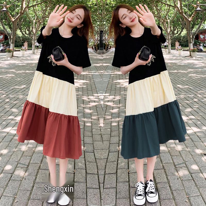 Women's Mid-Length A-line Patchwork Dress, Loose Fit, Short-Sleeved, Over-the-Knee, Summer Style