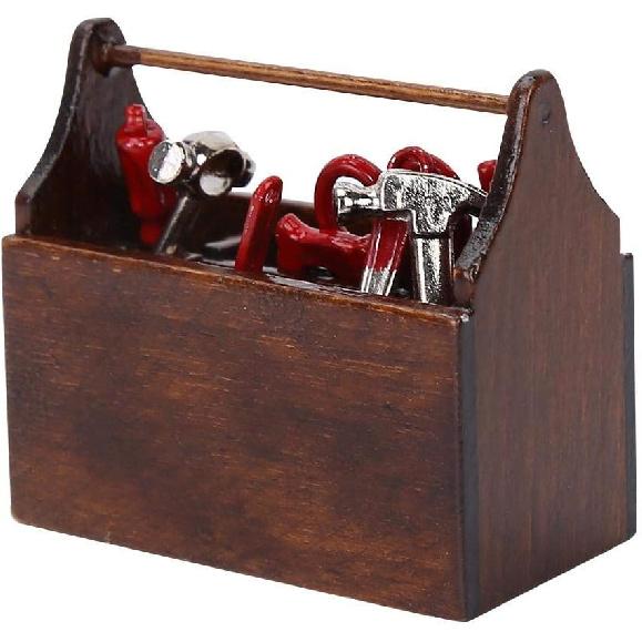 Doll House Toolbox,Eecoo Miniature Tool Box Wooden Toolbox Model for 1/12 Doll House Accessories with 8PCS Metal Tools Set