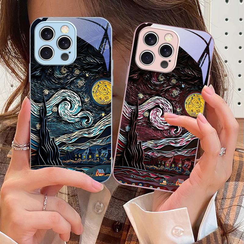 Oil Painting Starry Sky For iPhone 16 E 15 14 13 Plus 12 Mini 11 Pro Max XR Xs Max X 7 8 6 6S 2022 Tempered Glass Phone Case