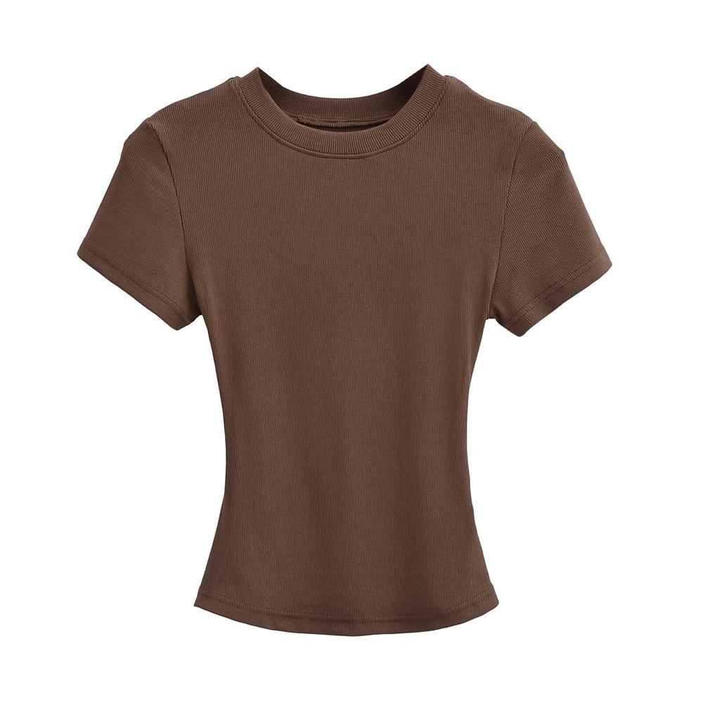 Trendy Women's Ribbed Slim Fit Short Sleeve T-Shirt with Sexy Round Neck and Straight Shoulders.