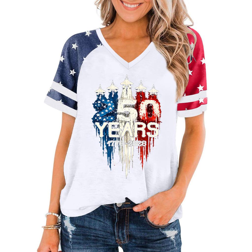 Women Casual V Neck Short Sleeve Pullover T Shirt Independence Day Print Top 250 Years 1776-2026 Patriotic Graphic Tee