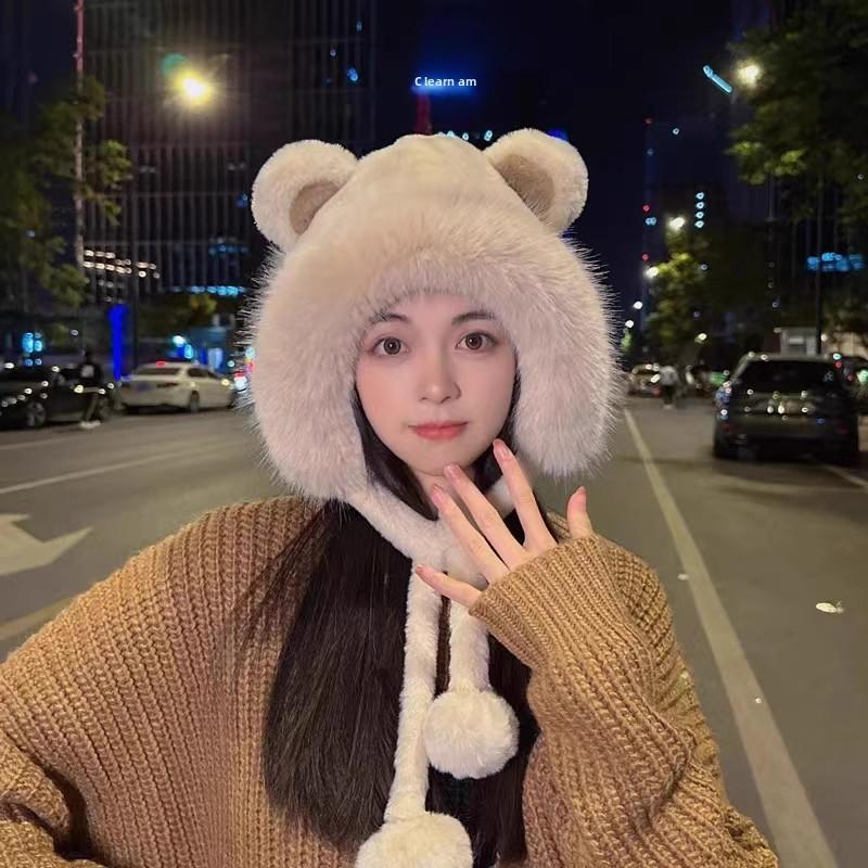 Women's Winter Lei Feng Hat with Plush Panda Ears, Thermal and Windproof Design