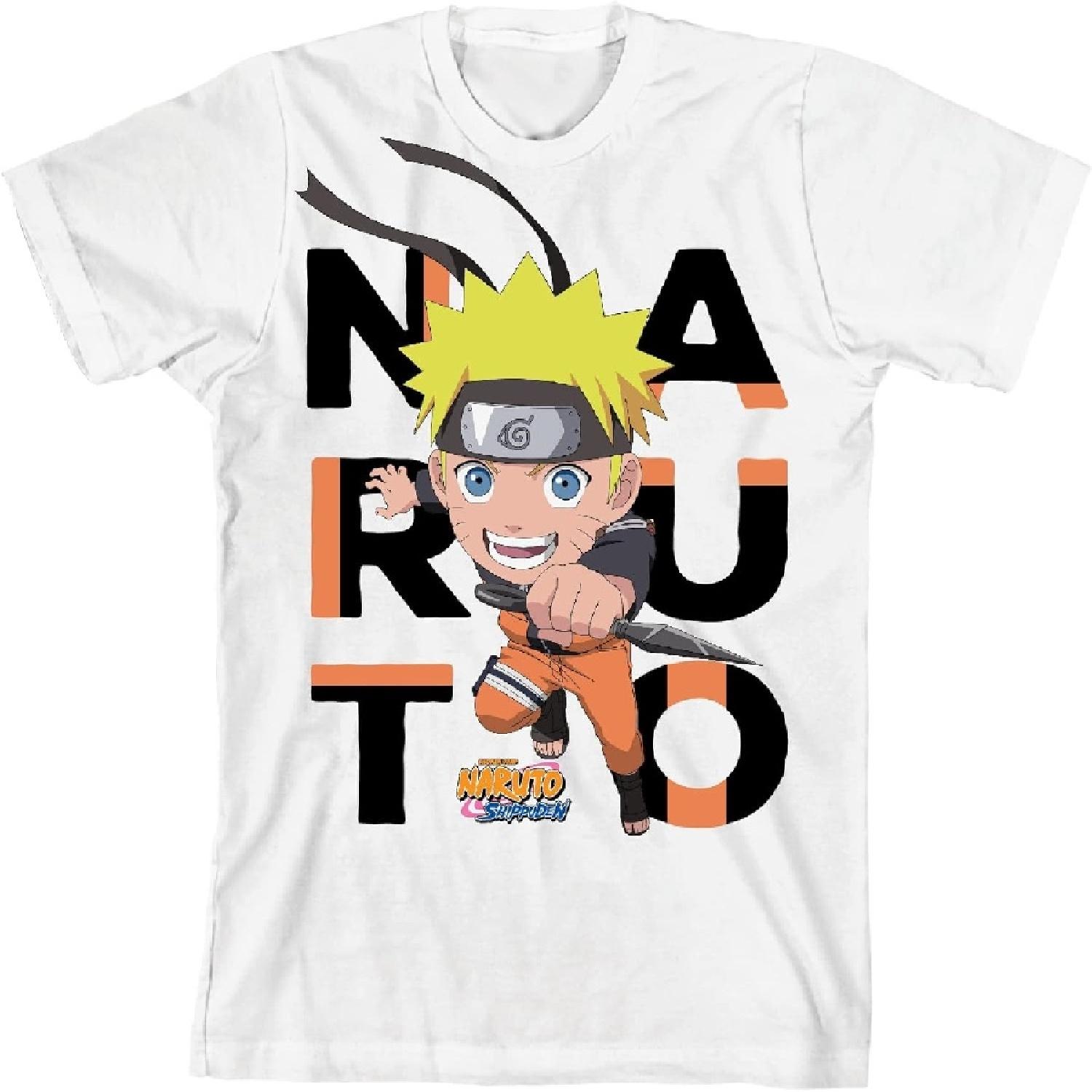 Naruto Shippuden Big Letters Title Logo Youth White Graphic Tee S