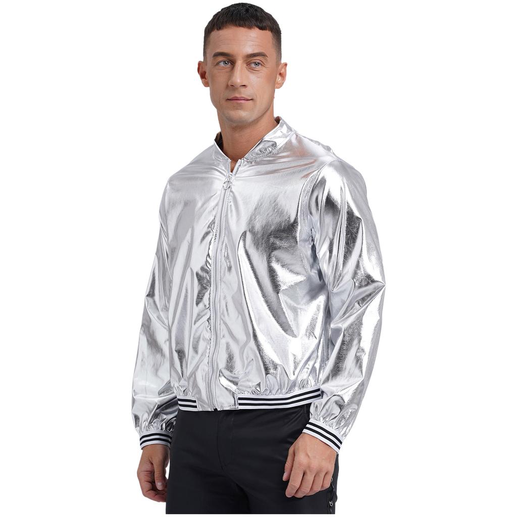 Mens Metallic Bomber Jacket Striped Band Long Sleeve Shiny Outerwear Club Coat Street Style