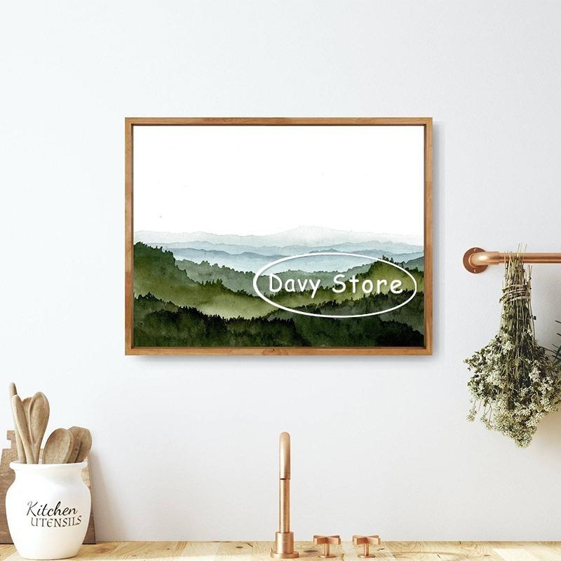 Misty Forest Mountain Lake River Watercolor Landscape Neutral Poster Canvas Printing Minimalist Wall Art Picture Home Room Decor