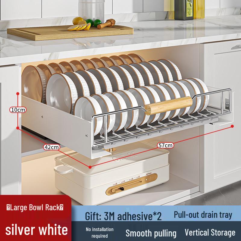 Stainless Steel Pull-Out Cabinet Rack for Bowls, Plates, and Chopsticks - No Drill Installation