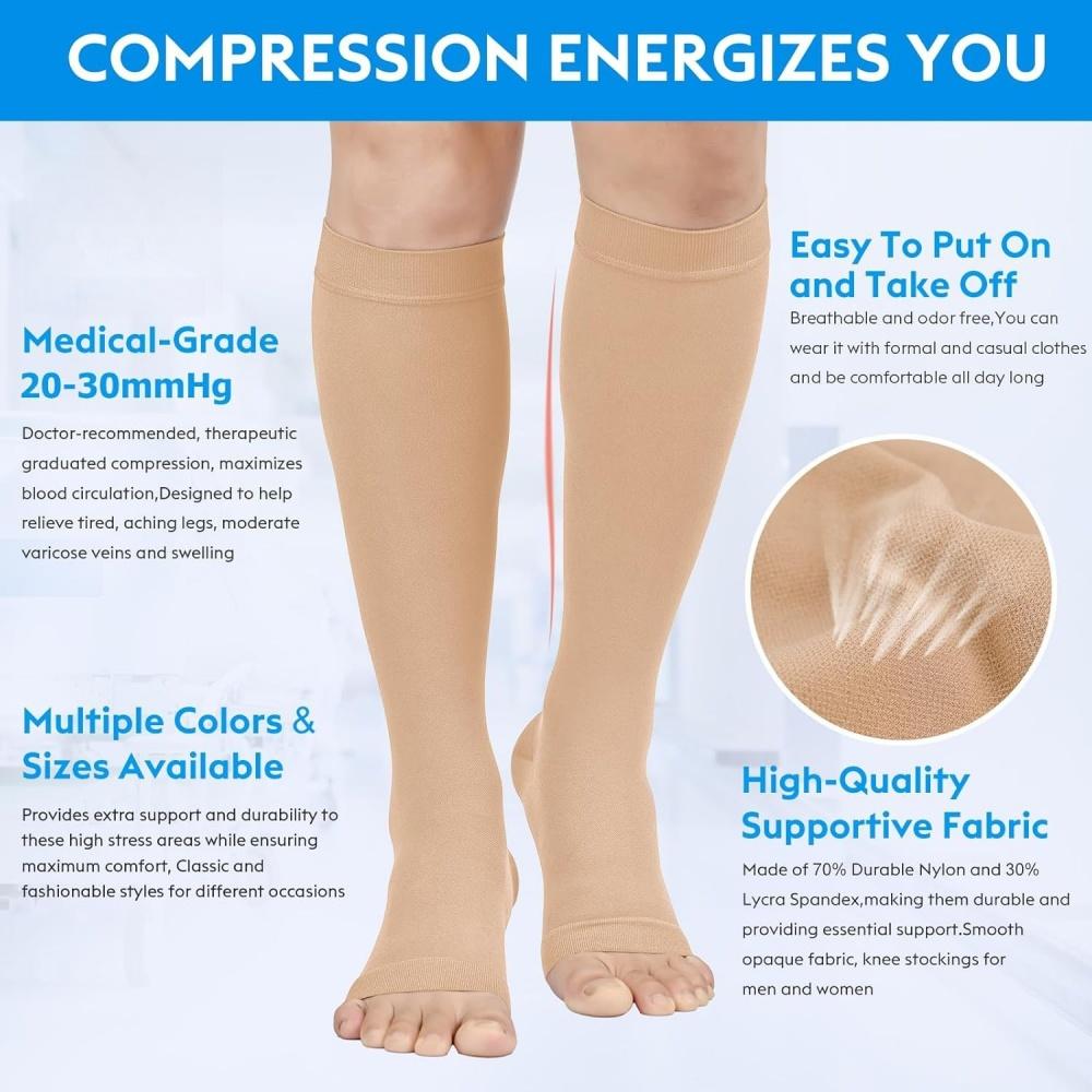 1 Pair 20-30 Mmhg Open Toe Calf Compression Stocking For Men Women Support Varicose Veins Edema Dvt Pregnancy Relief