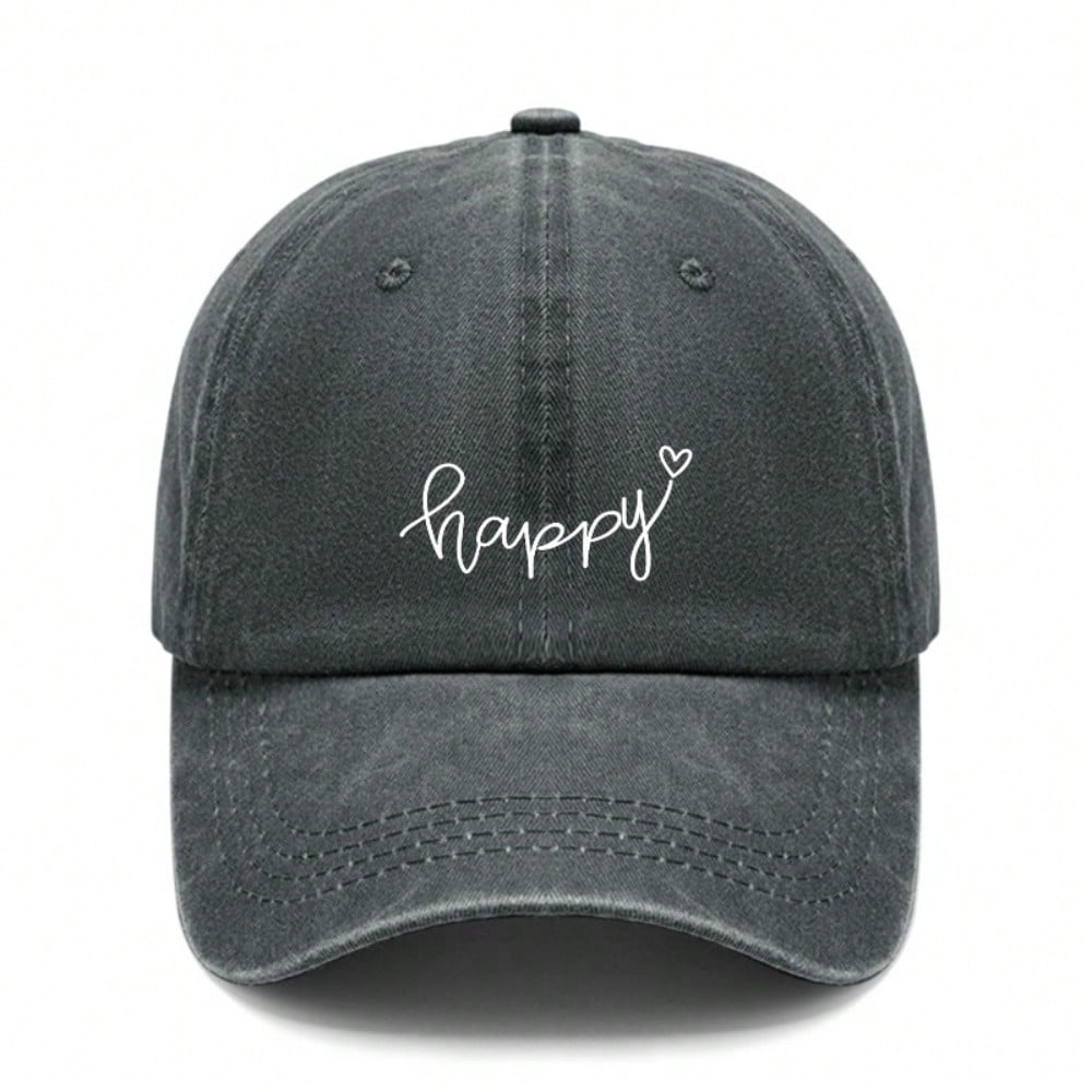 Vintage Washed Baseball Cap - Unisex happy Print Soft Fabric Adjustable Hat For Casual Daily Wear, Festivals, City Strolls чёрный