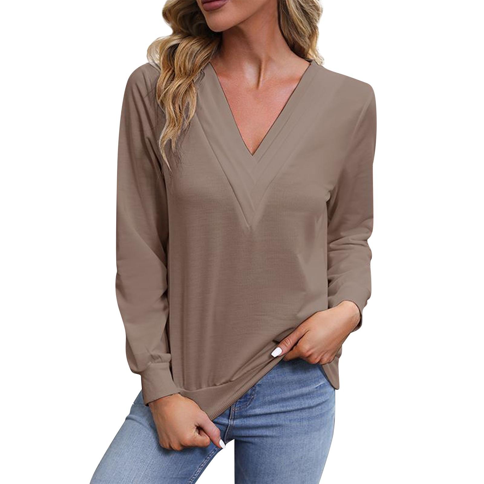 

Женская мода повседневная однотонная футболка с V-образным вырезом и длинным рукавом M коричневый