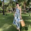 One-shoulder French design sense printing suspender dress women's summer new retro fashion foreign temperament long dress