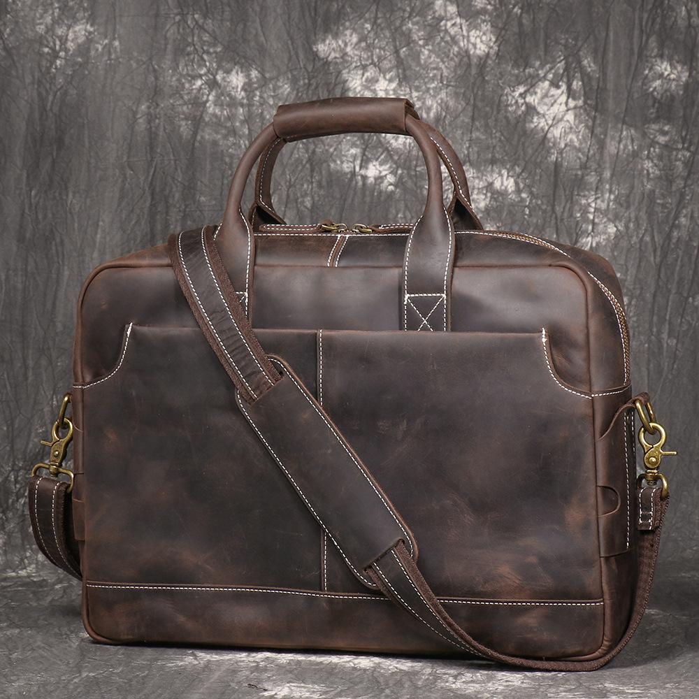 Retro Men'S Bag, Genuine Leather Men'S Laptop Bag, Crazy Horse Leather One-Shoulder Messenger Business Bag, Cowhide Briefcase.