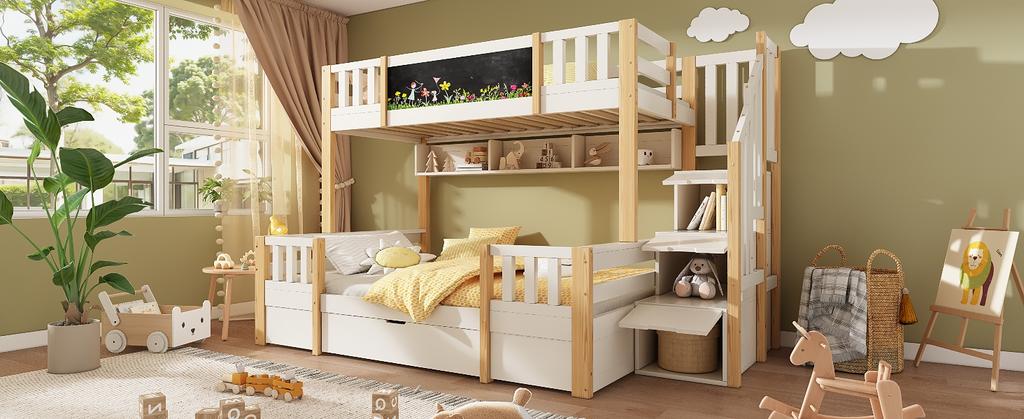 Litera para 3 Niños 90x200 y 140x200 Madera Maciza con Pizarra, Escalera de Almacenamiento, Cajones y Armario Escalera, Cama Juvenil, Blanco Natural
