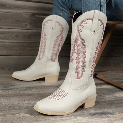 Mode 2024 Chaussures pour Femmes Bottes Mi-Mollet pour Femmes Bottes Quotidiennes Rétro Femmes Broderie À Enfiler Bout Carré Talon Carré Chaussures pour Dames