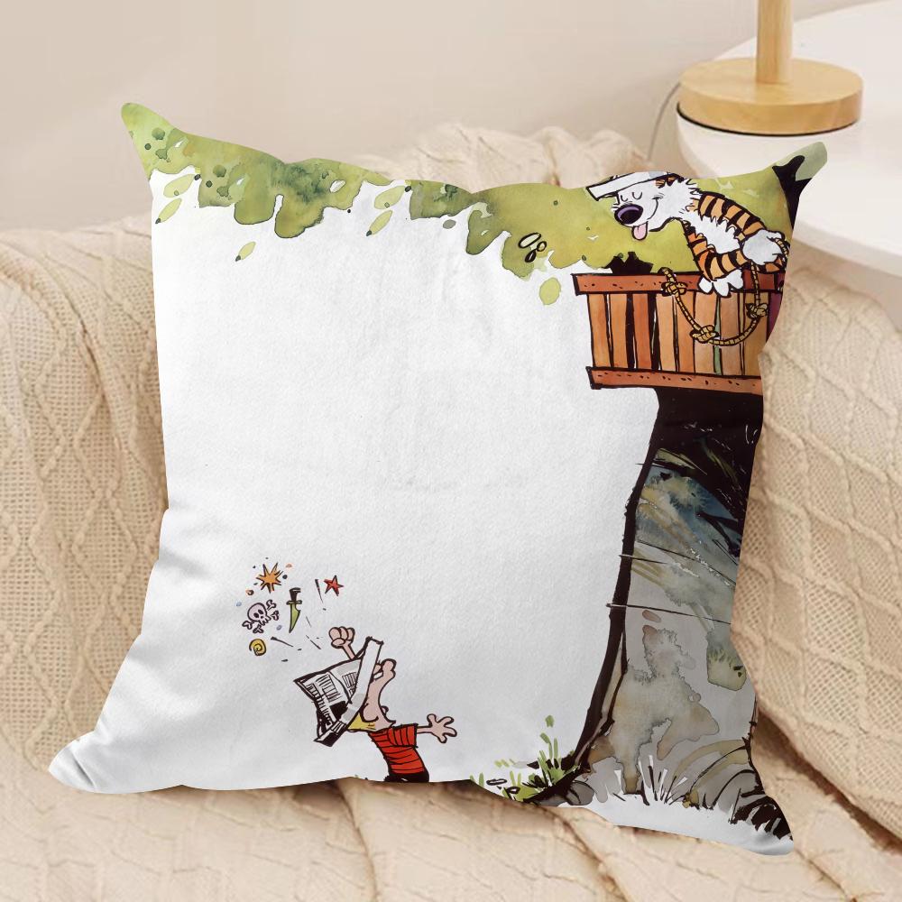 Cartoon CCalvin Hobbes Cute Cushion Cover Silky Short Plush Invisible Zipper Dustproof Sofa Pillow Case For Home Decor