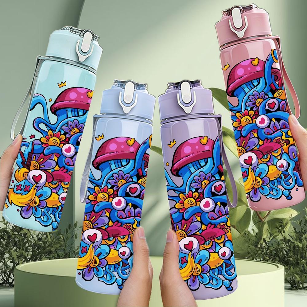 1PC Psychedelic Swirl Graffiti Doodle Pattern 750ml Color Plastic Sports Water Bottle Leakproof Flip Straw Lid Suitable for Sports Office Home Use