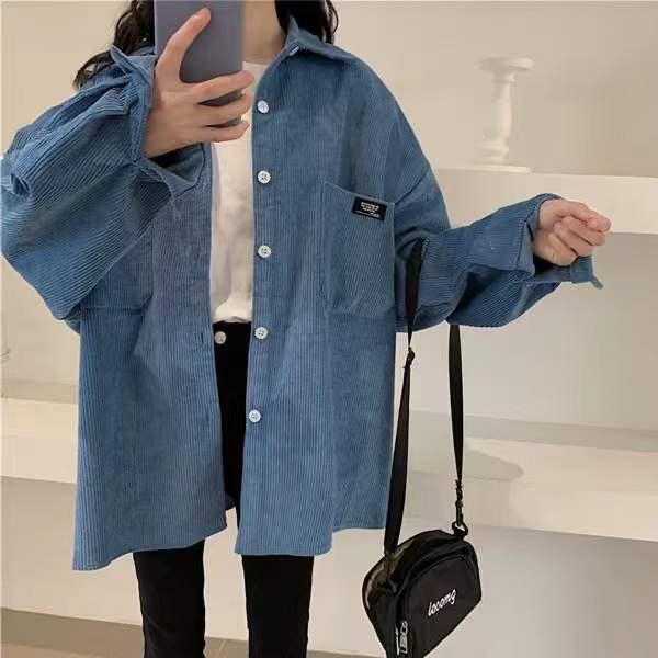 Women's Blue Corduroy Shirt Jacket - Korean Style, Loose Fit, Long Sleeve for Spring & Autumn 2025