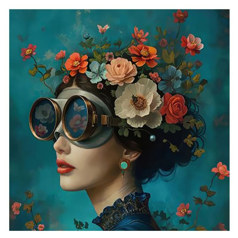 Beautiful Woman with Glasses Flower Canvas Wall Art Painting Posters and Prints Women Wall Art Picture Room Decor Picture
