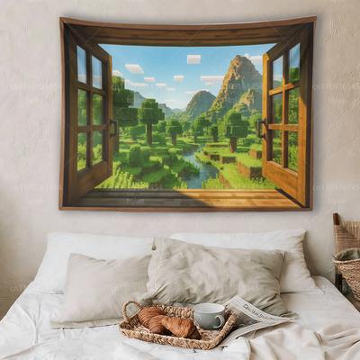 Pixel Window Landscape Tapestry Game Room Wall Art for Home Bedroom Decor