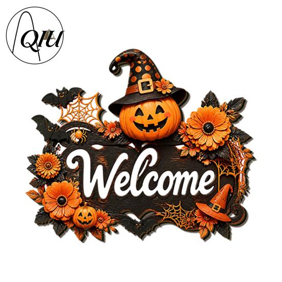 3D Floral Pumpkin Wall Art Halloween Ghost Wooden Welcome Door Hanger Sign, Cute Ornament with Bell Durable Sign for Porch Hanging Rope, Decor Indoor