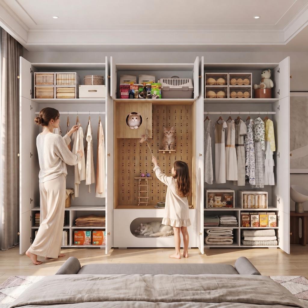 Wardrobe Set, Pet Cabinet, 270 x 50 x 200 cm, with Clothes Rail and Cat Climbing Wall, for Bedroom, Living Room and Hallway, White+Wood Look