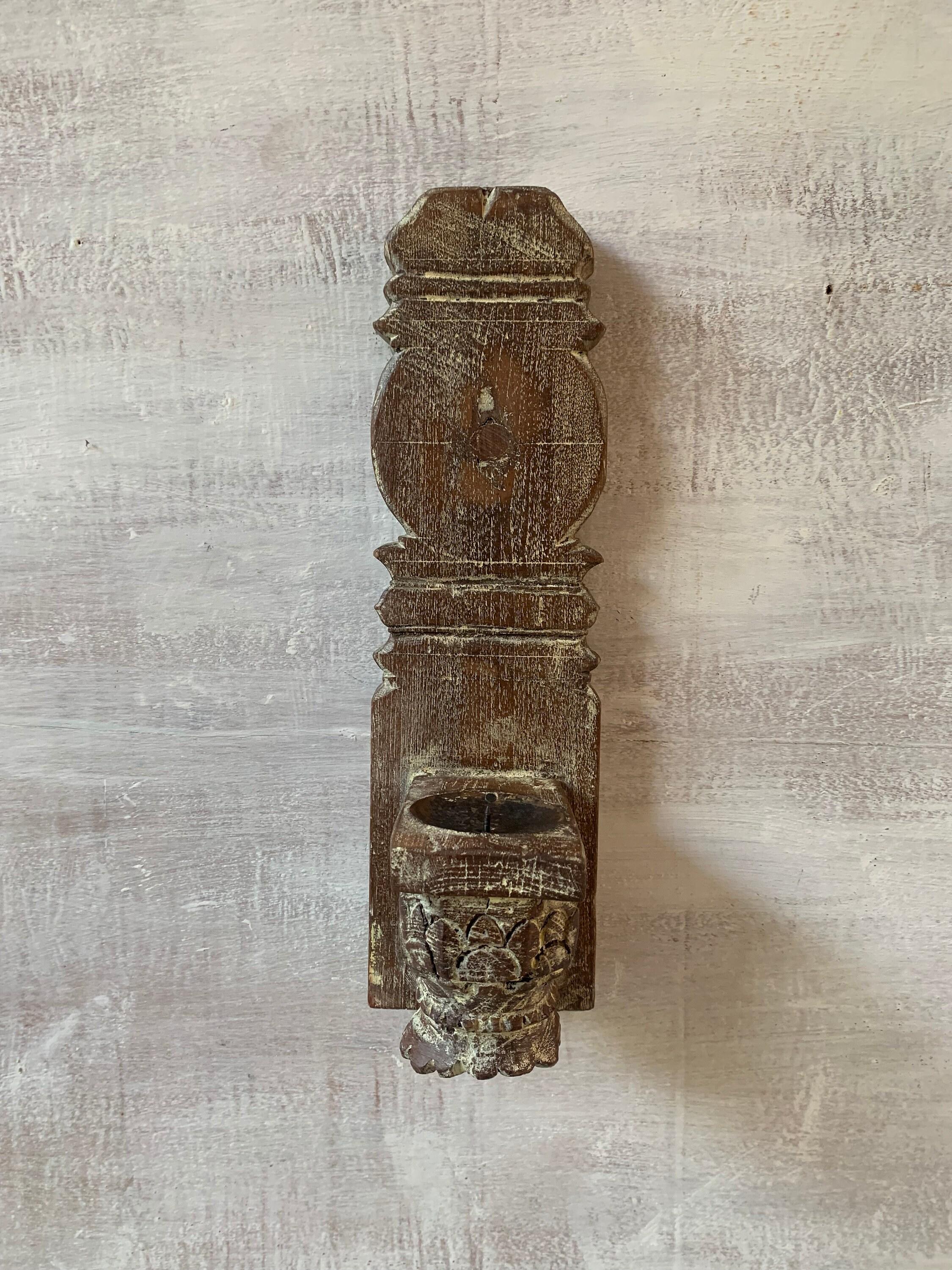 

Antique Hand Carved Wooden Wall Candle Holder with Iron Hooks 16” X 8” X 24” (l x w x h)
