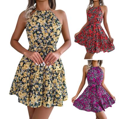 Women's Spring And Summer Casual Lace-up Ruffle Large Floral Dress