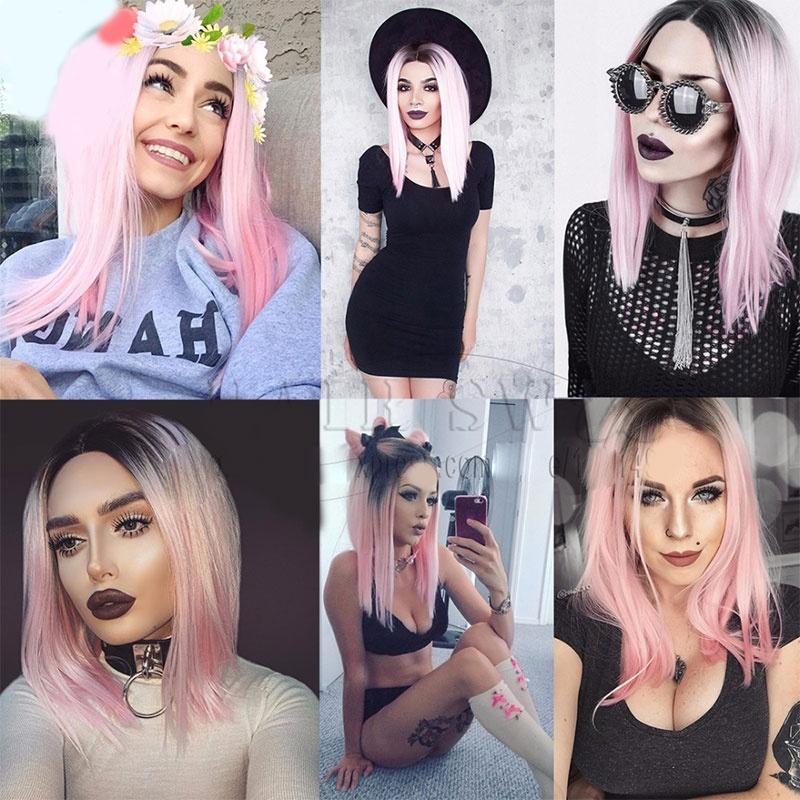 Baby Pink Short Bob Synthetic Wig Straight Pastel Hair Sexy Cute Color Women Trendy Wigs With Black