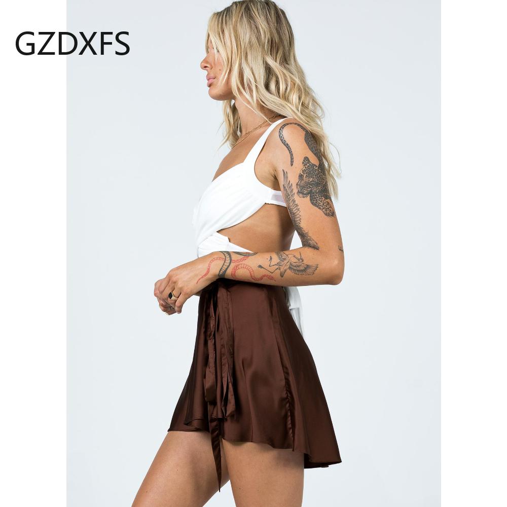 Falda de Color Sólido Cintura Alta Moda Una Pieza Falda Corta con Cordones Falda Cruzada de SATÉN de Gasa