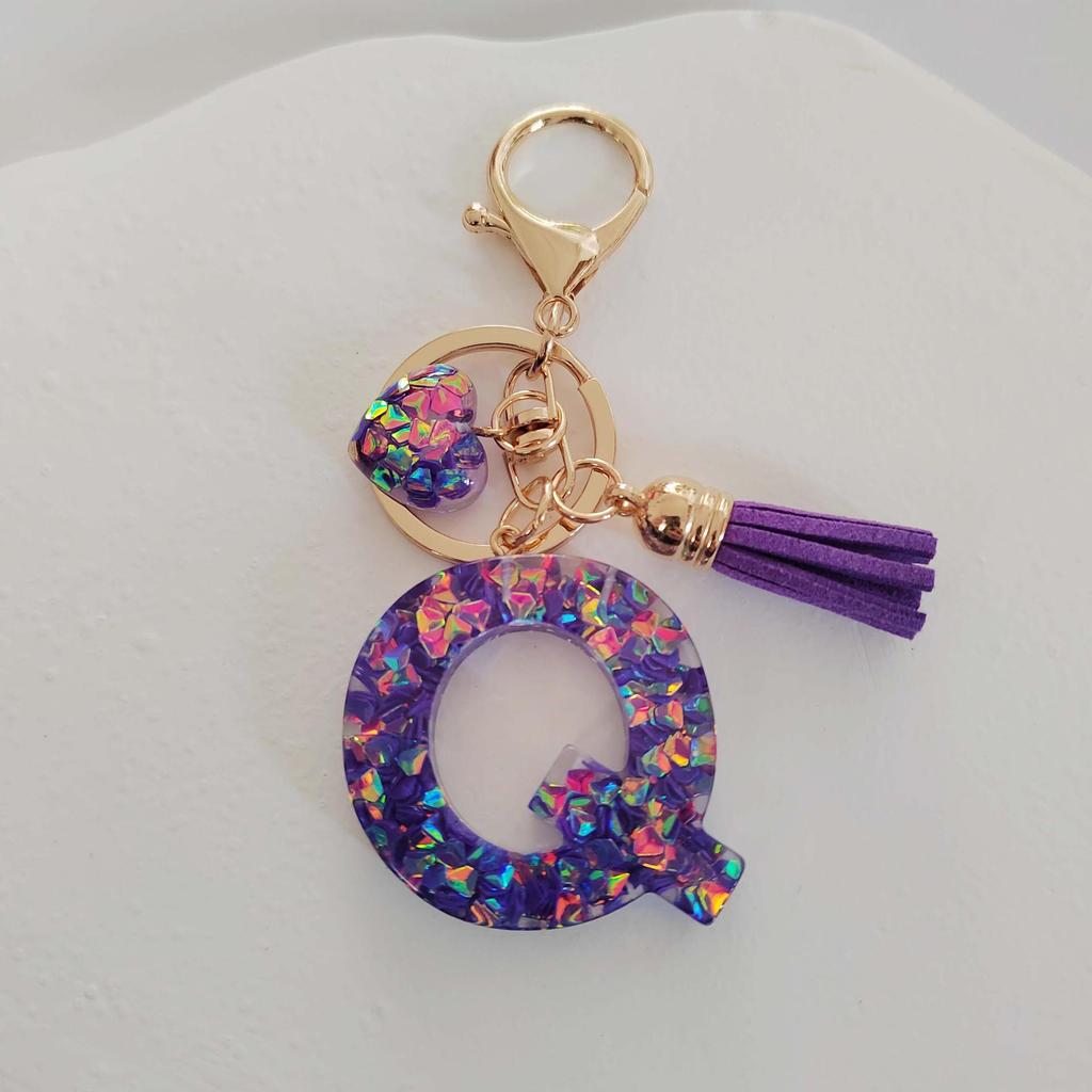 Candy Color Sequin Letter Keychain with Iridescent Heart and Tassel Charm