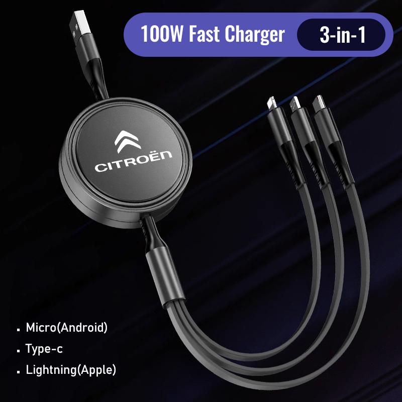 AGN4 100W Fast Charger Scalable 3-in-1 Charging Cable For Citroen C5X C3 C4 Aircross Picasso Cactus Celysee e-C3 e-C4 C6 C1 C2 Berlin