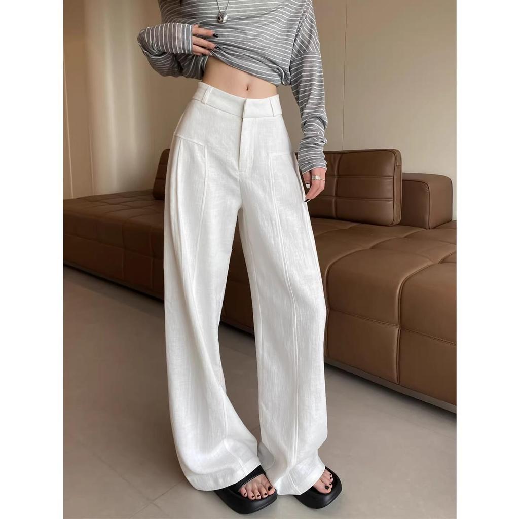 Women's High-Waisted Wide-Leg Linen Pants - White Summer Drape Style