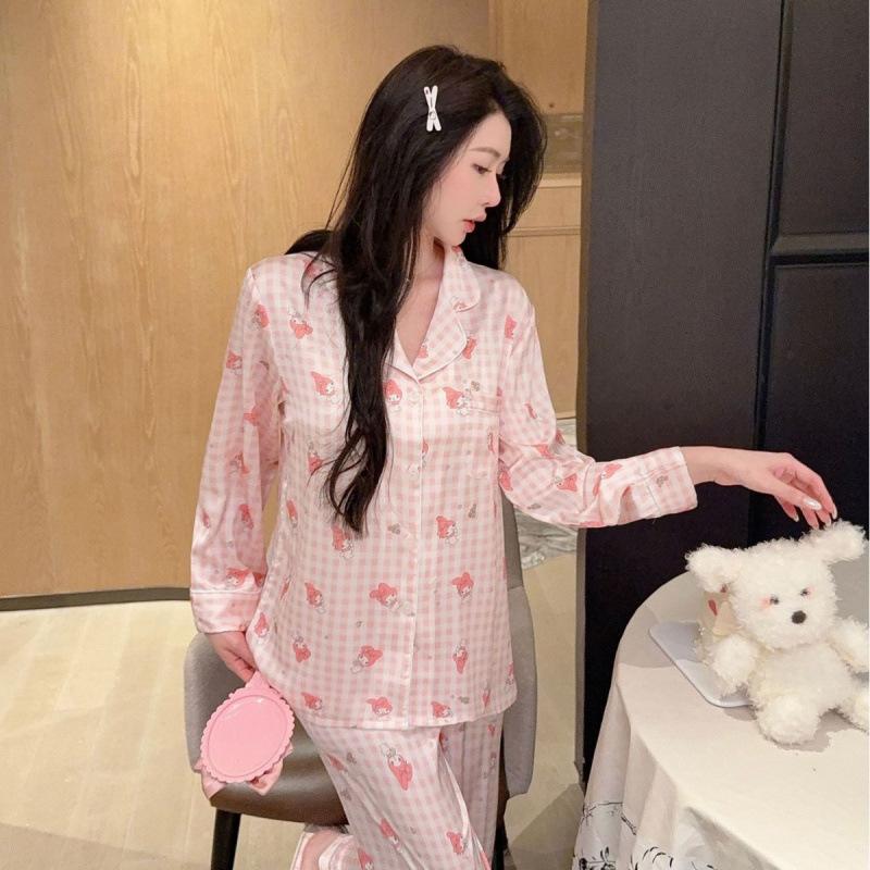 11 Years of Autumn and Winter High-end Ice Silk Pajamas Women's Sweet and Cute Pink Bunny Thin Loungewear Can Be Worn Outside the Set
