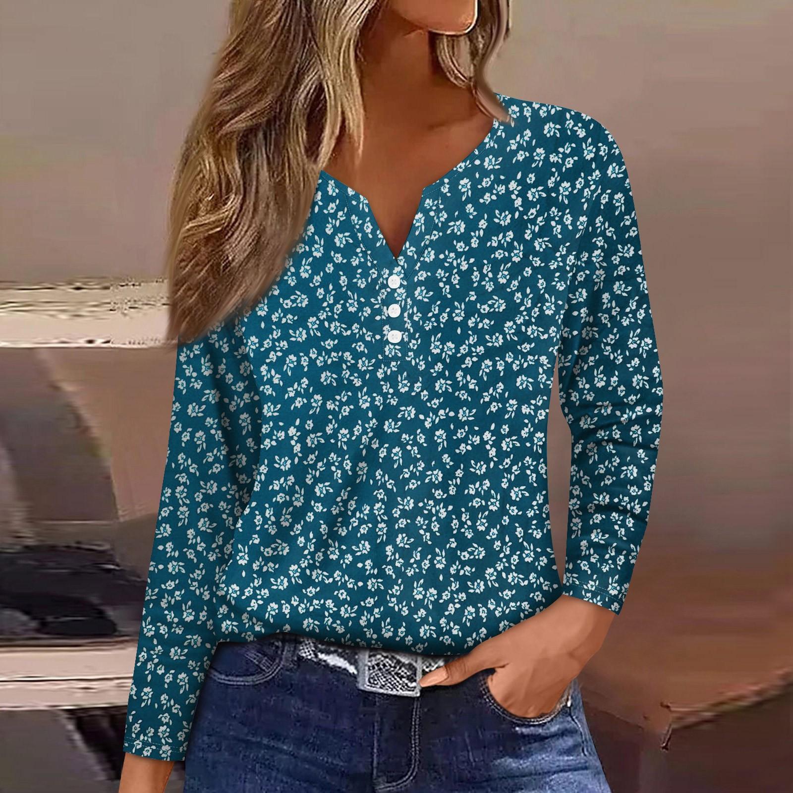 

Жен. Футболка Футболка Пуговицы Цветочный принт Длинный рукав Повседневные Выходные Мода Классический Классический V-образный вырез Обычный Топ XL синий