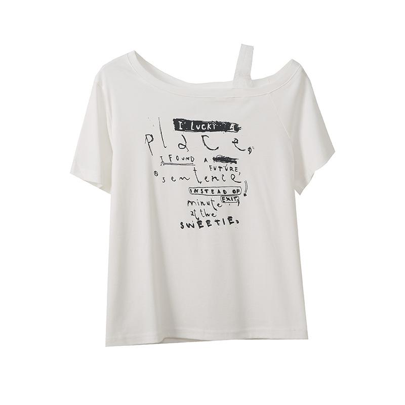 Large size women's street cool style printed T-shirt summer new women's slanted off-shoulder top 262783