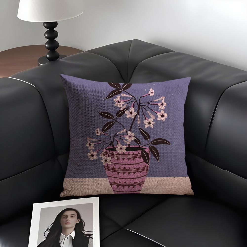 Vintage Vase Print Cushion Cover Natural Linen Organic Fabric DoubleSided Printing Sofa Home Decor Gift Pillow Case