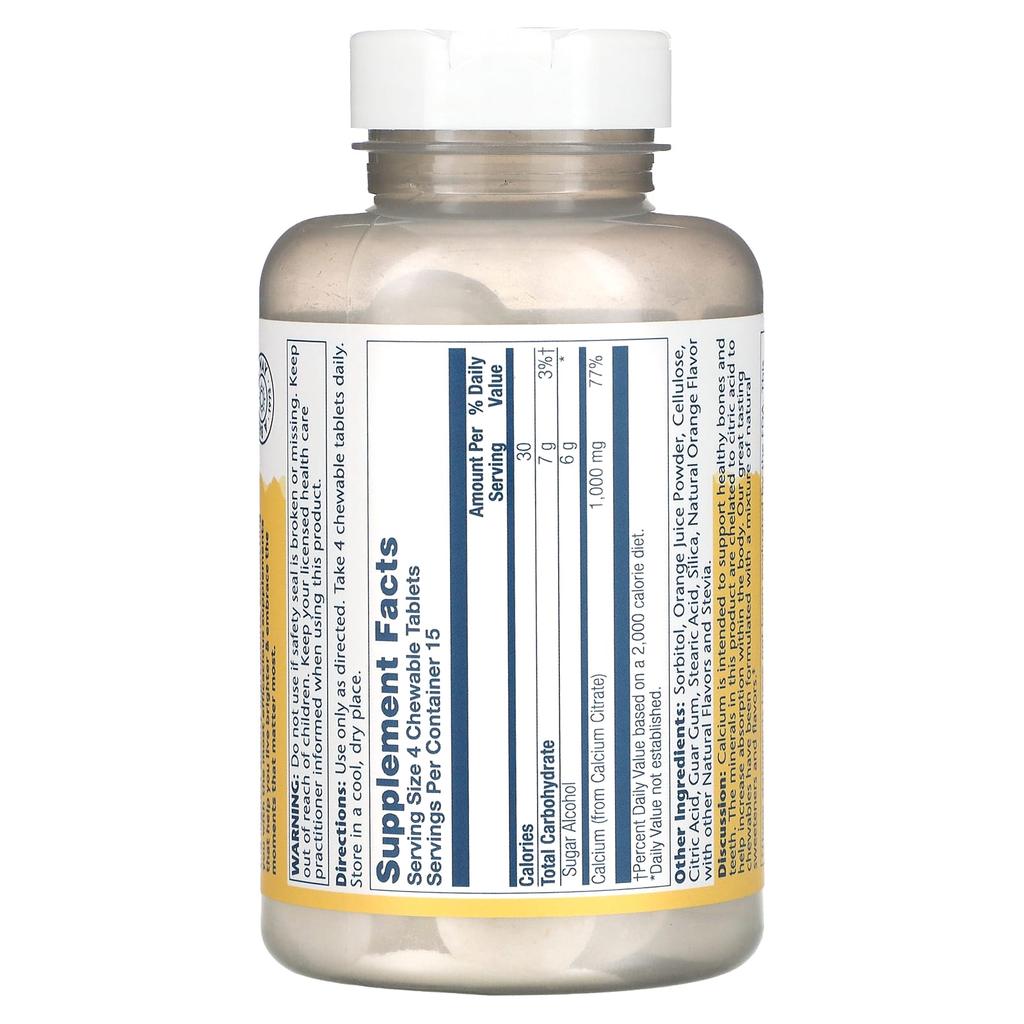 Solaray, cytrynian wapnia, naturalna pomarańcza, 1000 mg, 60 tabletek do żucia (250 mg na tabletkę)