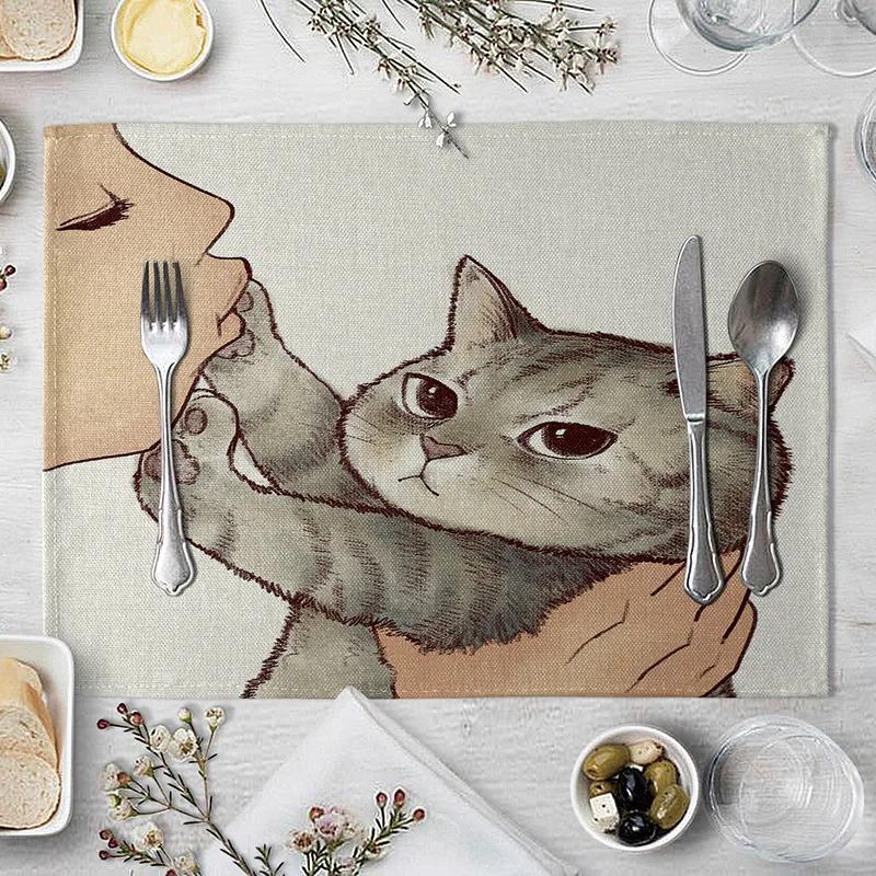 40x30cm Linen Cat Print Table Mat Cute Cat Cartoon Animal Pattern Placemats For Children Kids Kitchen Dining Place Mats Pads