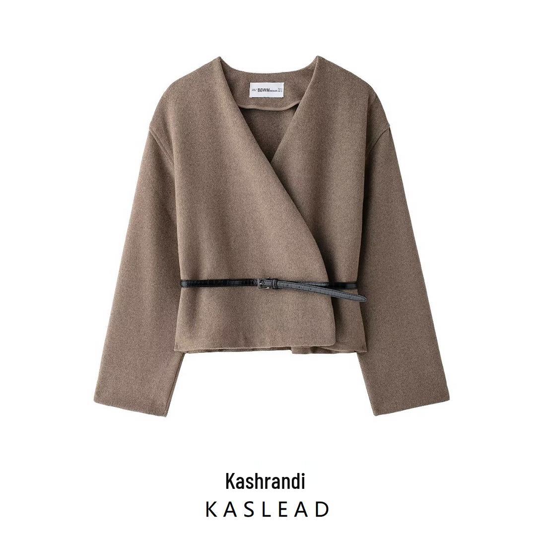 

2024 Autumn Women’s European-American V-Neck Long Sleeve Jacket with Belt M
