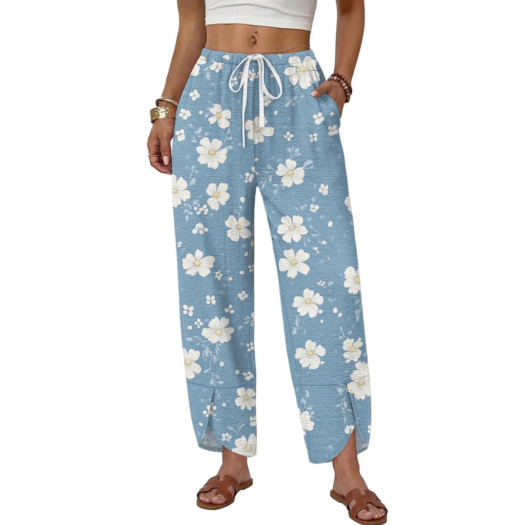 Women's Casual Straight Wide Leg Button Print Pattern Pants for Everyday Wear