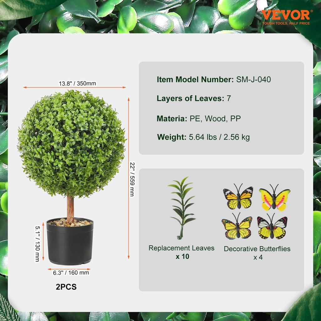 Artificial Topiaries Boxwood Trees, 24 inch Tall (2 Pieces), Ball-Shape Faux Topiaries Plant with Planters, Green Feaux Plant w/ Replaceable Leaves &