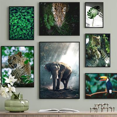 Tier Leopard Elefant Leinwand Wanddruck Dschungel Monstera Pflanze Blatt Kunst Malerei Toucan Poster Moderne Dekoration Bilder