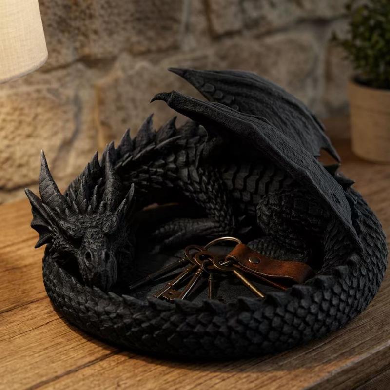 Dragon Guardian Jewelry Tray Coiled Dragon 3D Printed Figurine Holder for Study Desktop Decor Key Small Item Storage