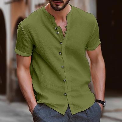 Camicie estive da uomo in cotone, bianche e nere, vintage, con bottoni, collo alto, maniche corte, tinta unita